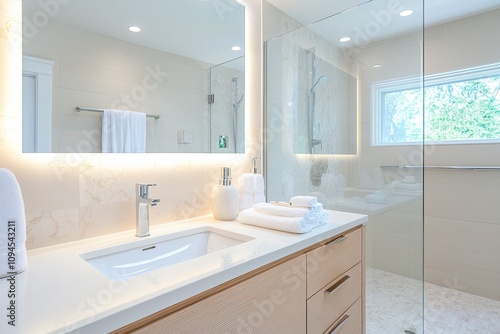 Wallpaper Mural Bright modern bathroom with a large LED-backlit mirror, white countertop, and minimalist decor featuring towels and soft natural light

 Torontodigital.ca