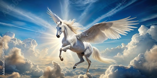 Majestic White Winged Horse Soaring Through the Sky, Captured in High Depth of Field with Lush Clouds and Sunlight, Evoking a Sense of Freedom and Fantasy in Every Detail