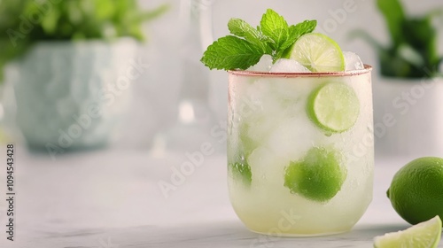 Refreshing mint mojito with lime on a marble table