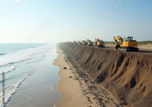 Heavy machinery works on coastal erosion prevention along a sandy beach at dawn