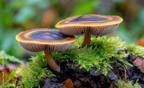 Mushroom growing in soft sunlight with gentle bokeh effect in a lush grassy area