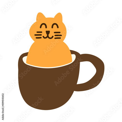 Smiling cat sitting in a cup. Flat design. Vector illustration on white background.