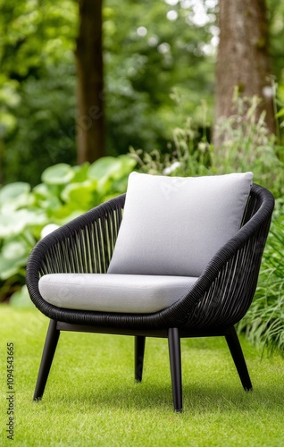 Cozy outdoor chair placed in a serene garden surrounded by lush greenery and ...