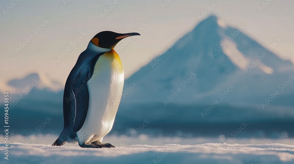 Fototapeta premium Emperor penguin standing on a snowy surface with hazy mountain peaks in the background, capturing the essence of wildlife and nature photography.