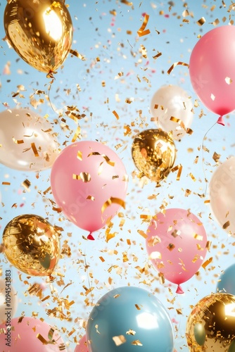 Celebration with colorful balloons and confetti at a joyful event