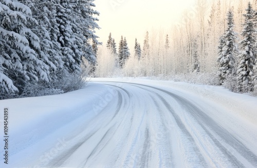Snowy winding road through quiet forest landscape in winter season