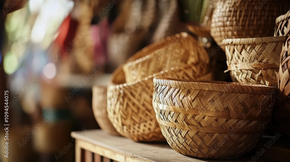 Intricate Filipino woven baskets showcase their craftsmanship on a wooden table Intricate Filipino woven baskets showcase their craftsmanship on a wooden table