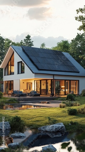 A modern house with solar panels on the roof, surrounded by nature