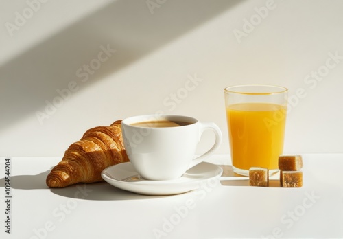 Enjoying a morning coffee with a croissant and fresh orange juice on a bright...