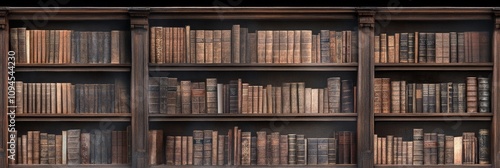 Collection of antique books arranged neatly on wooden shelves in a library se...