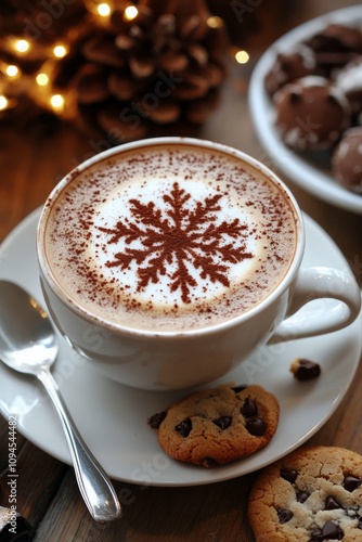 Warm coffee with artistic foam pattern and chocolate chip cookies on a cozy t...