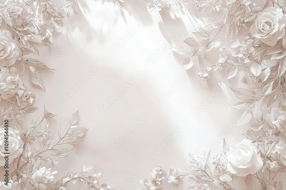 White flower arrangement with a white background. The flowers are arranged in a way that creates a sense of movement and flow. Scene is serene and calming, as the white flowers