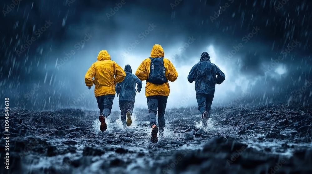 Obraz premium Adventurous Group Trekking Through Stormy Wilderness on Challenging Trail