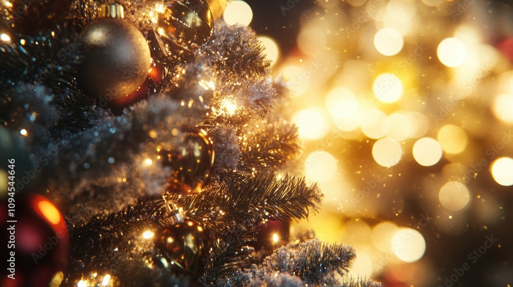 Close-up of a elegantly adorned Christmas tree adorned with shimmering ornaments and warm lights, set against a bokeh background of glowing festive hues. Close-up of a elegantly adorned Christmas tree adorned with shimmering ornaments and warm lights, set against a bokeh background of glowing festive hues.