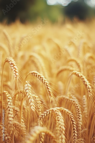 Golden wheat swaying gently in a rural landscape during a serene afternoon