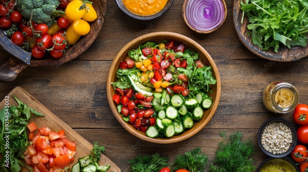 Colorful Fresh Salads with Diverse Ingredients and Dressings Colorful Fresh Salads with Diverse Ingredients and Dressings