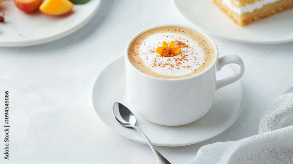 Creamy coffee beverage garnished with flower petals and served with dessert on white table Creamy coffee beverage garnished with flower petals and served with dessert on white table