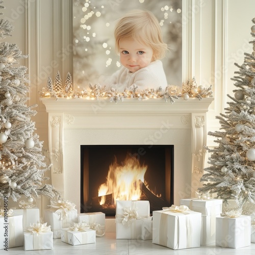 Cute child with floral headband enjoys festive atmosphere near fireplace duri...
