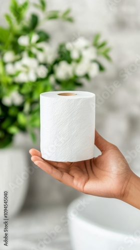 Hand holding a roll of white toilet paper in a bright indoor space surrounded...