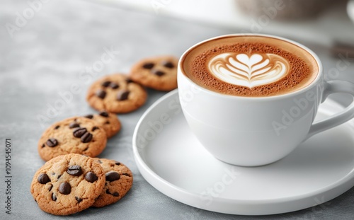 Delicious coffee with latte art served alongside chocolate chip cookies on a ...