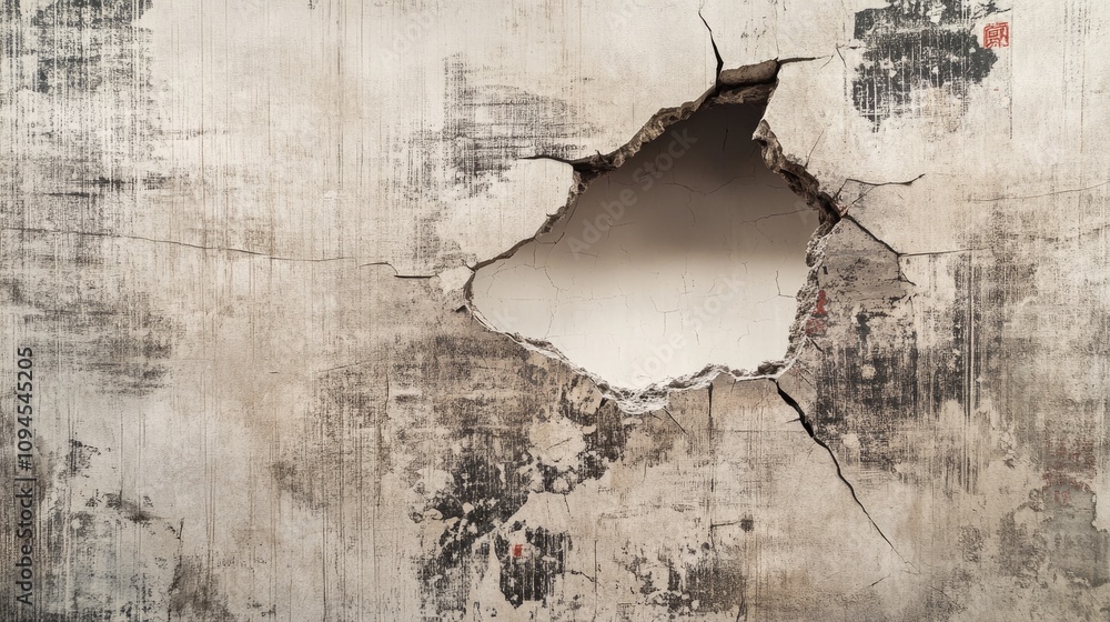 Fototapeta premium Cracked wall with a prominent broken section revealing a stark white void, showcasing aged textures and intricate surface details.