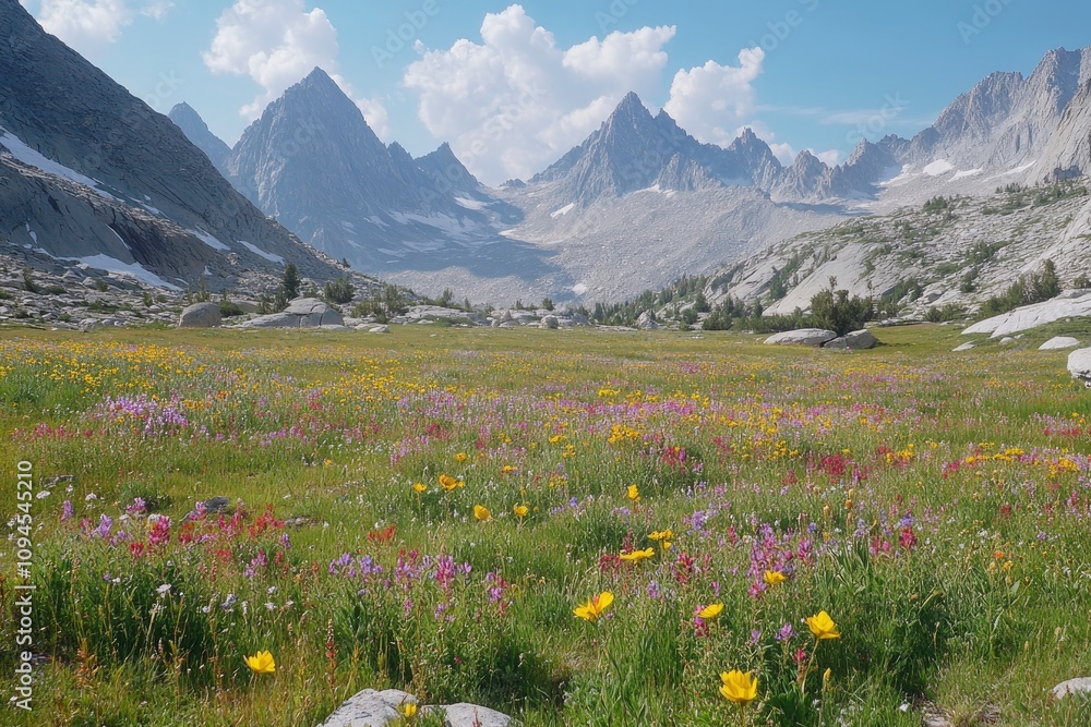 Obraz premium A vibrant alpine meadow filled with wildflowers, framed by majestic mountain peaks.