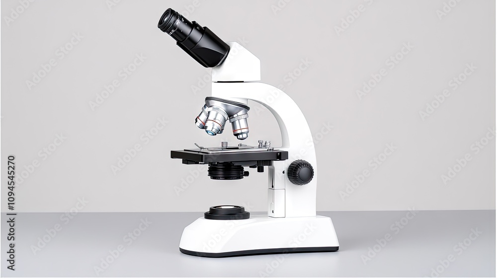 Close-up of a white microscope in a well-lit laboratory showcasing intricate details and colors Close-up of a white microscope in a well-lit laboratory showcasing intricate details and colors