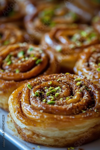 Freshly baked cinnamon rolls topped with nuts and caramel in a bakery setting