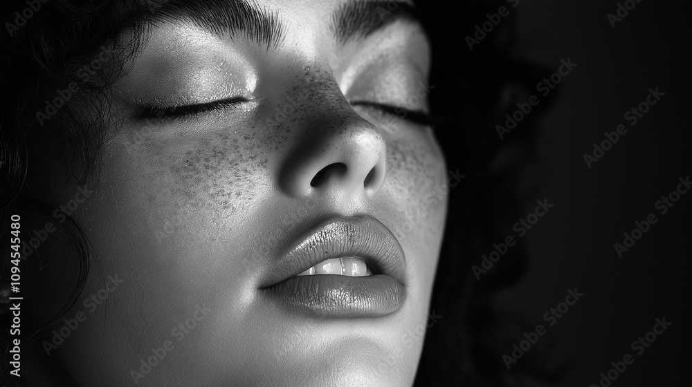 Black and White Close-Up of a Freckled Woman with Eyes Closed in Serene Expression Black and White Close-Up of a Freckled Woman with Eyes Closed in Serene Expression