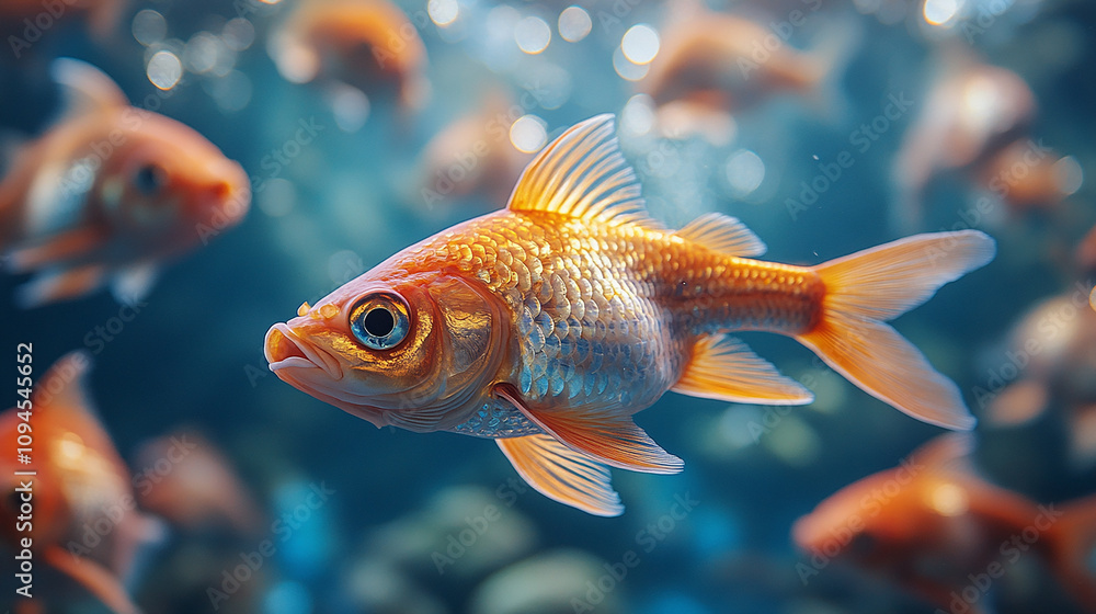 Many orange and white fish are swimming in a tank Many orange and white fish are swimming in a tank