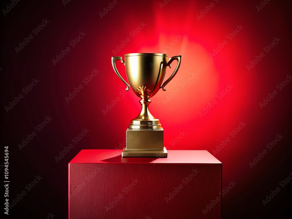 Minimalistic Gold Trophy on Red Pedestal - Elegant Prize Cup against Striking Red Luxury Background for Product Photography and Award Concepts Minimalistic Gold Trophy on Red Pedestal - Elegant Prize Cup against Striking Red Luxury Background for Product Photography and Award Concepts