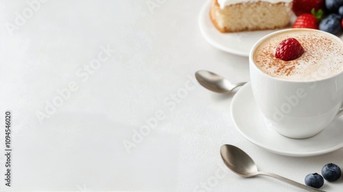 Creamy coffee beverage garnished with flower petals and served with dessert o...
