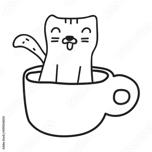 Cat sitting in a coffee cup. Vector graphic design. Outline icon. Illustration on white background.