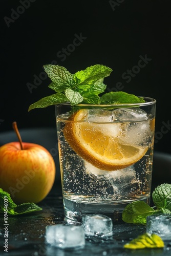 Refreshing drink with lemon and mint beside a fresh apple on a dark background