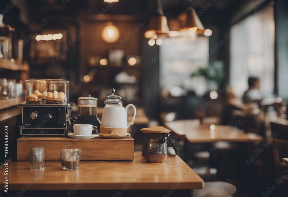 This stunning coffee shop photograph featuring a cozy shelf and table setup perfect for a cafe This stunning coffee shop photograph featuring a cozy shelf and table setup perfect for a cafe