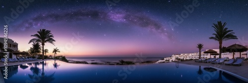 Majestic night sky over a serene beachfront resort at twilight