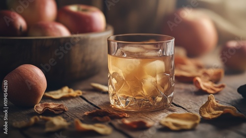 Fresh apple juice alongside red apples and dried fruit on a wooden table duri...