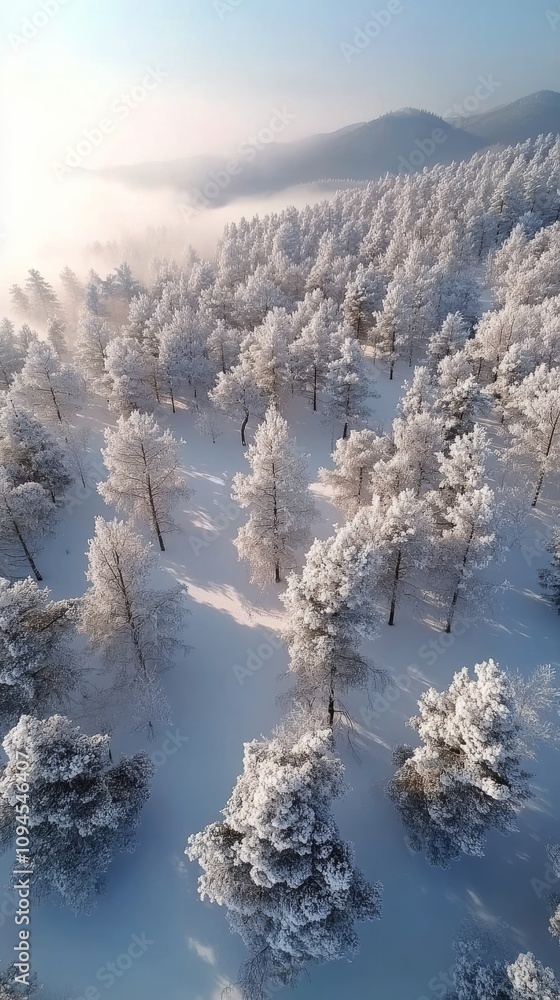 Winter landscape showcasing frosted pine trees in a serene forest Winter landscape showcasing frosted pine trees in a serene forest