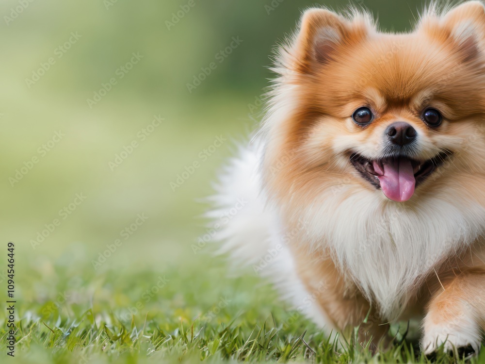 The cutest little spitz is lying in a green meadow, happy and smiling The cutest little spitz is lying in a green meadow, happy and smiling