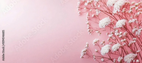 Delicate white flowers against a soft pink background in a serene garden setting