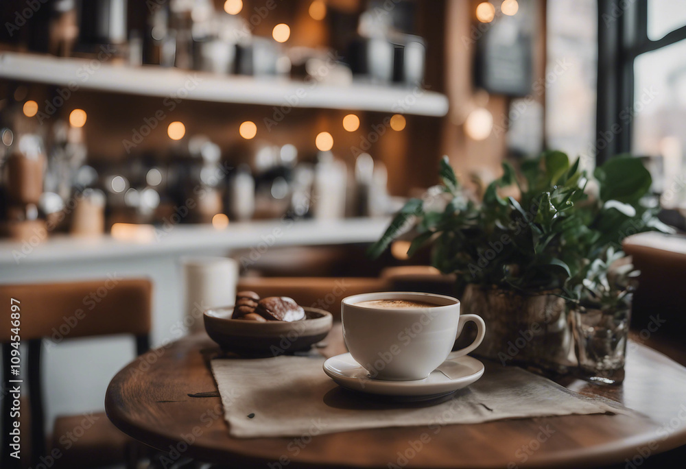 This stunning coffee shop photograph featuring a cozy shelf and table setup perfect for a cafe This stunning coffee shop photograph featuring a cozy shelf and table setup perfect for a cafe
