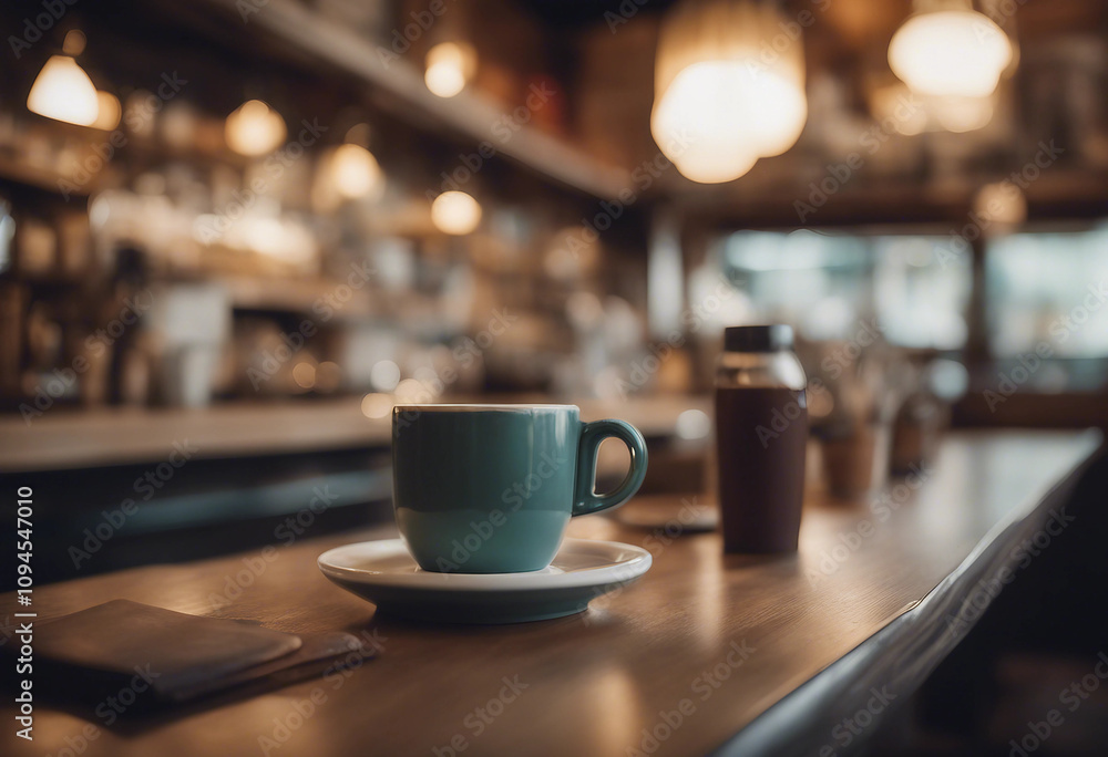 This stunning coffee shop photograph featuring a cozy shelf and table setup perfect for a cafe This stunning coffee shop photograph featuring a cozy shelf and table setup perfect for a cafe