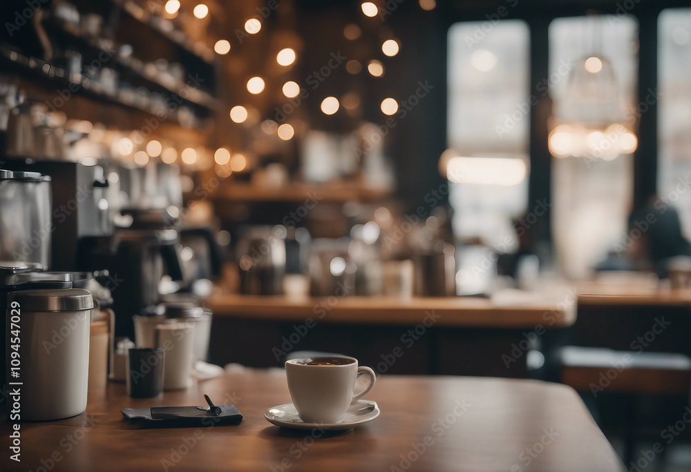 This stunning coffee shop photograph featuring a cozy shelf and table setup perfect for a cafe This stunning coffee shop photograph featuring a cozy shelf and table setup perfect for a cafe