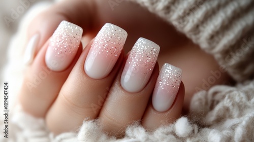 Elegant manicure with sparkles showcased in cozy hand setting while bundled w...