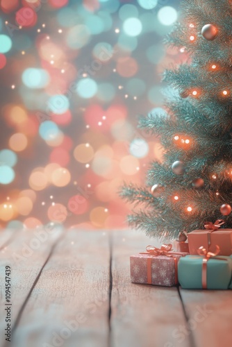Festive Christmas tree adorned with colorful ornaments and presents under sof...