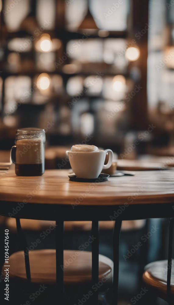 This stunning coffee shop photograph featuring a cozy shelf and table setup perfect for a cafe This stunning coffee shop photograph featuring a cozy shelf and table setup perfect for a cafe