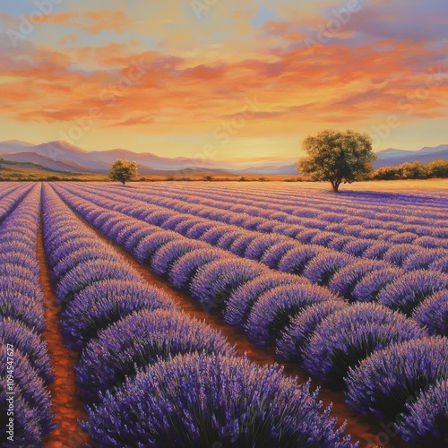Lavender fields with a solitary tree at sunset creating a tranquil landscape
