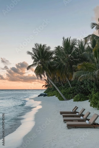 Relaxation on a tropical beach at sunset with lounge chairs and palm trees