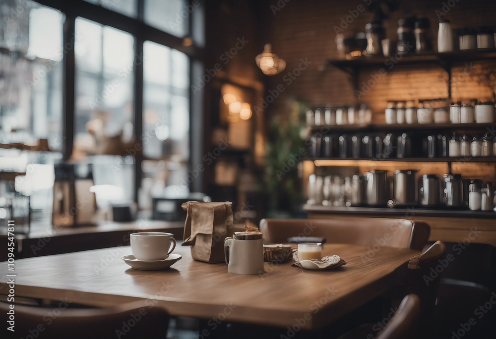 This stunning coffee shop photograph featuring a cozy shelf and table setup perfect for a cafe This stunning coffee shop photograph featuring a cozy shelf and table setup perfect for a cafe