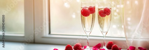 Champagne flutes with raspberries and rose petals for romantic celebration at...